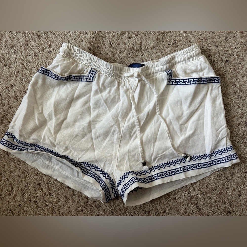 Blue Rain Dressy Shorts Womens Sz S embroidered Greek key detail Linen Cotton